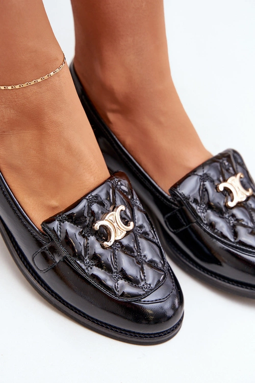 Skórzane Lakierowane Mokasyny Ze Złotą Ozdobą Laura Messi 2927 Czarne