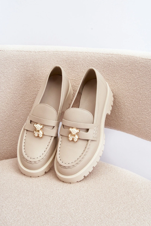 Skórzane Półbuty Mokasyny Z Misiem CheBello 4291 Jasnobeżowe