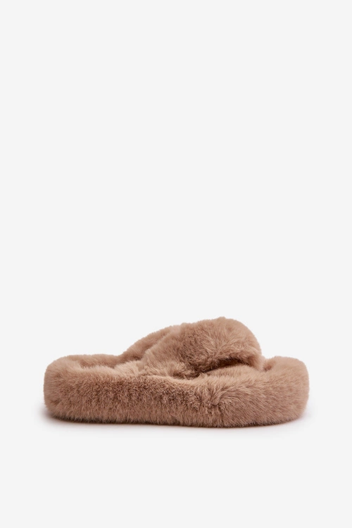 Futrzane Kapcie Damskie Na Grubej Podeszwie Beżowe Lavitera