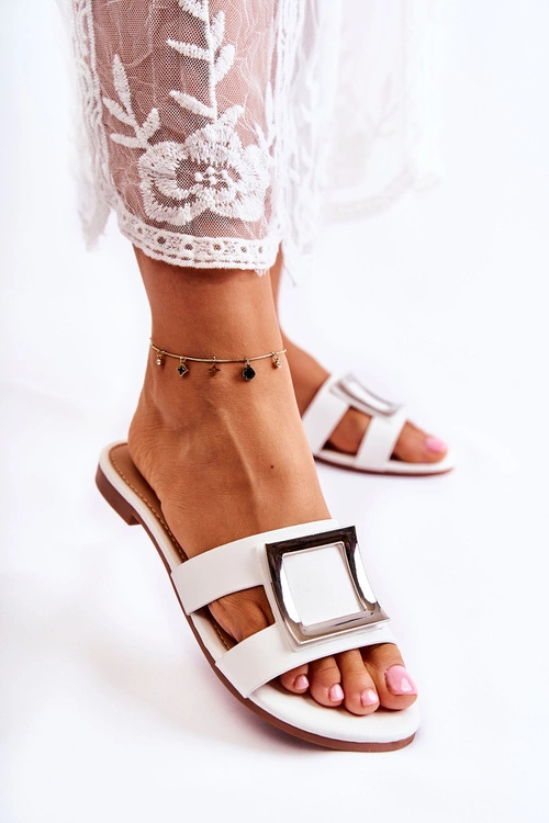 Damskie Skórzane Klapki Z Ozdobą Białe Roysa