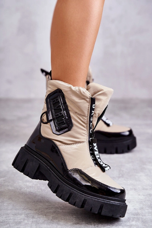 Damskie Ocieplane Śniegowce Na Suwak Beżowo-Czarne Marit