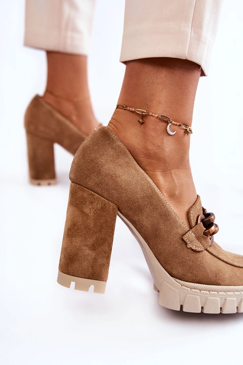 Skórzane Czółenka Na Platformie I Słupku Lewski Shoes 3197 Beżowe