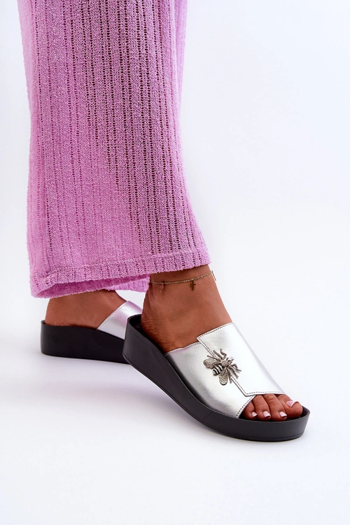 Eleganckie Klapki Damskie Z Ozdobą Skóra Naturalna S.Barski KV27-015 Srebrne