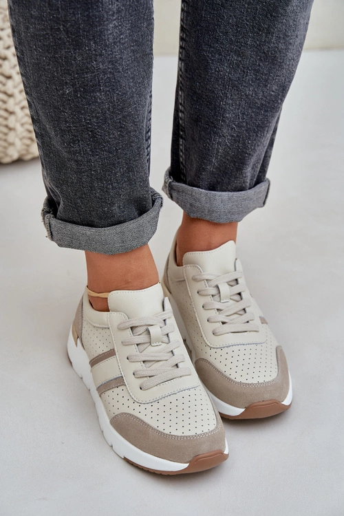 Skórzane Lekkie Sneakersy Buty Sportowe Damskie Beżowe Norlexia