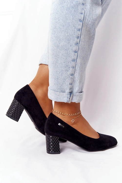 Zamszowe Czółenka Na Karbowanym Słupku Sergio Leone Czarne