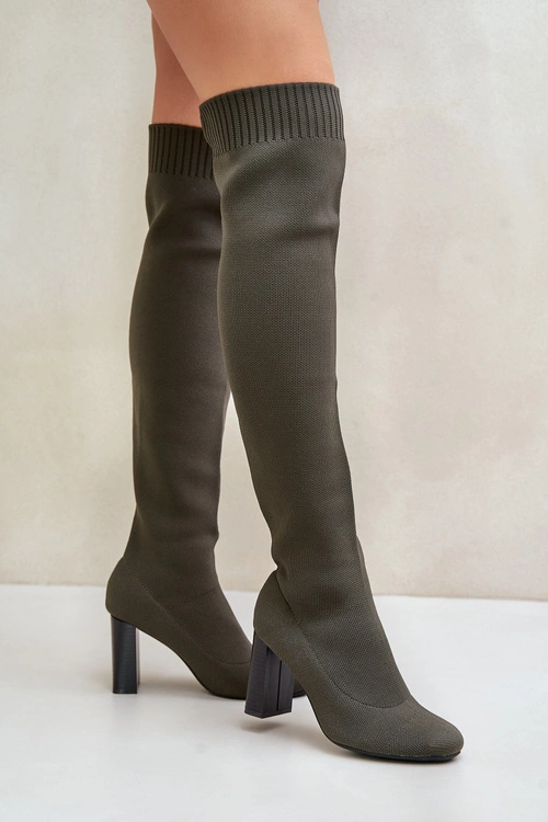 Kozaki Ze Skarpetkową Cholewką Za Kolano Na Słupku Ciemnozielone Esanira