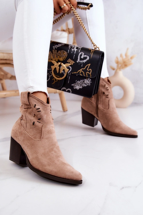 Zamszowe Damskie Botki Kowbojki Beżowe Devon