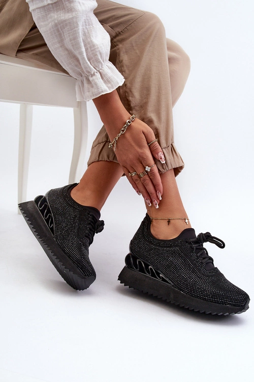 Sneakersy Damskie Na Koturnie Zdobione Cyrkoniami D&A MR38-377 Czarne
