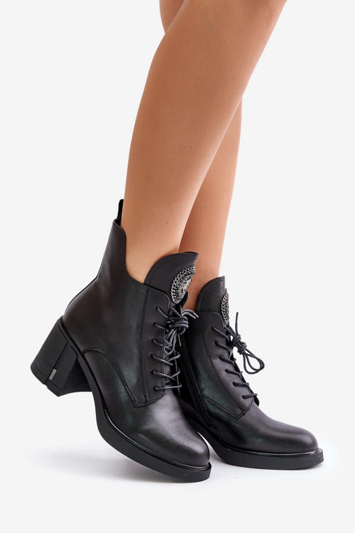 Ocieplane Botki Na Masywnym Obcasie Skóra Naturalna Czarne Vinceza 66676