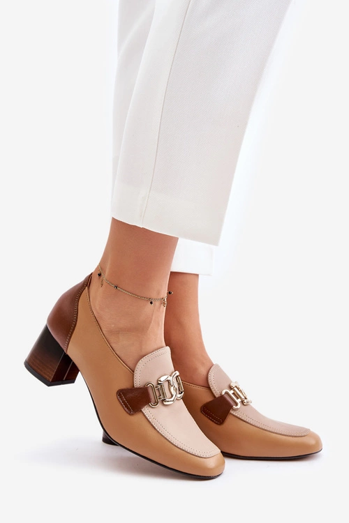 Skórzane Czółenka Na Słupku Ze Złotą Ozdobą Laura Messi 2861 Brązowe