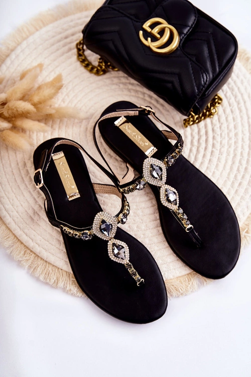 Damskie Modne Sandały Japonki Z Ozdobnymi Dżetami Czarne Bellia