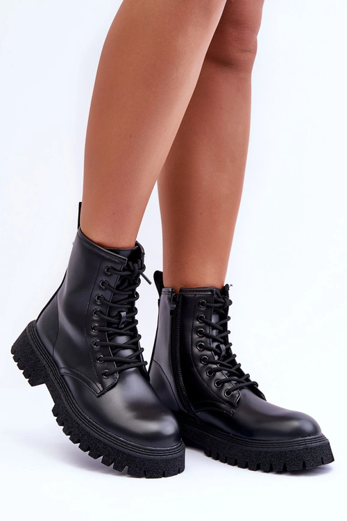 Skórzane Botki Workery Damskie Czarne Poonah