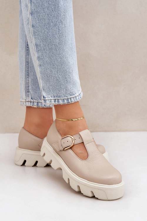 Skórzane Półbuty Z Klamrą Zazoo 20183 Beżowe