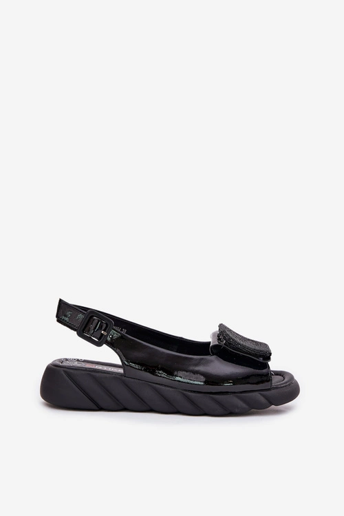 Skórzane Lakierowane Sandały Damskie Na Koturnie z Ozdobą Artiker 56C1564 Czarne