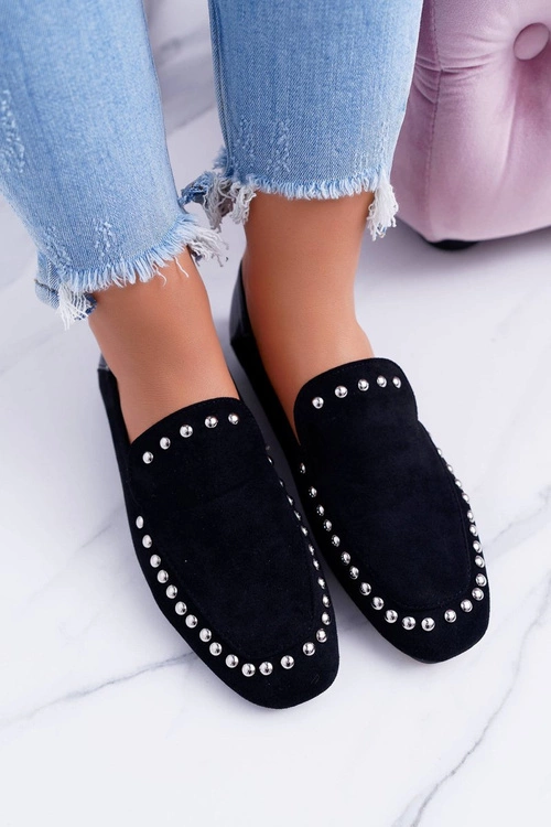 Lu Boo Damskie Czarne Lordsy Baleriny z Dżetami Planta