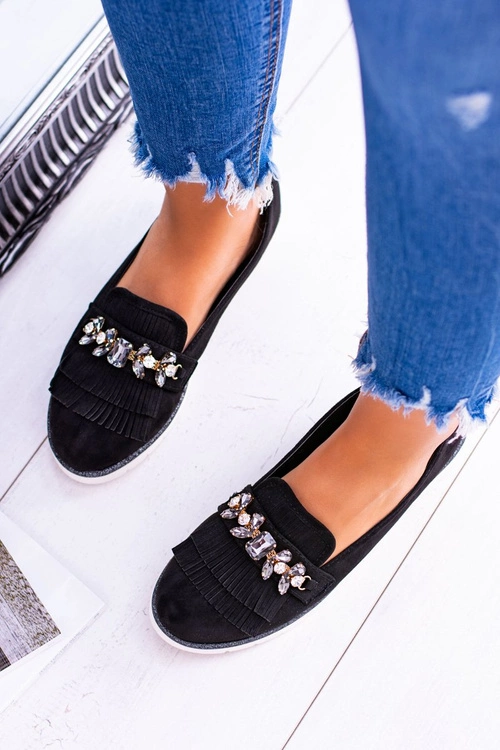 Czarne Zamszowe Mokasyny z Kryształami Vivaro