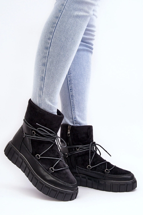 Skórzane Śniegowce Botki Na Platformie Czarne Maxava