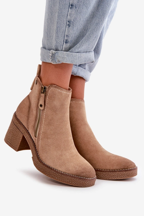 Ocieplane Botki Damskie Na Słupku Z Eko Zamszu Beżowe Velarilla