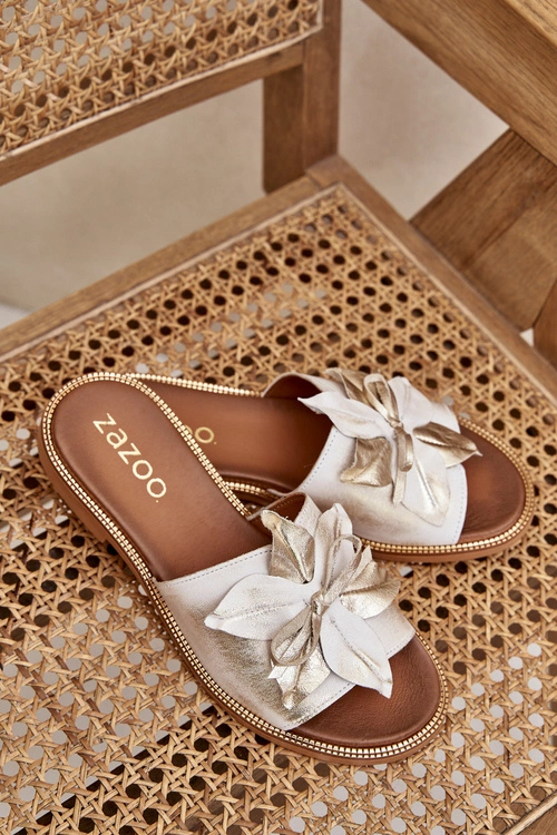 Klapki Z Ozdobą Skóra Naturalna Zazoo 3667 Złoty Przecierany