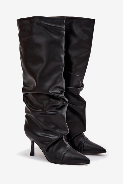 Ocieplane Wsuwane Kozaki Damskie Na Szpilce Z Marszczeniem Czarne Angelica