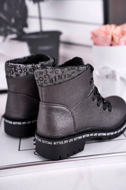 Dziecięce młodzieżowe botki z kożuszkiem szare Snowflake