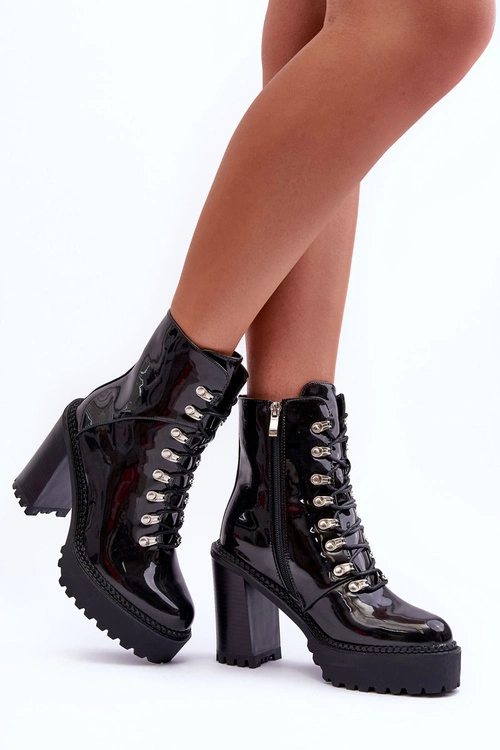Lakierowane Masywne Botki Na Słupku Czarne Ikeshia