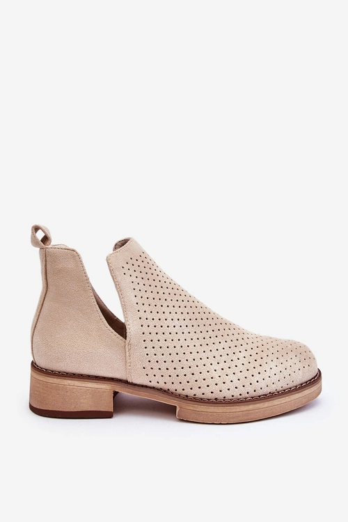 Zamszowe Ażurowe Botki Na Płaskim Obcasie Beżowe Angie