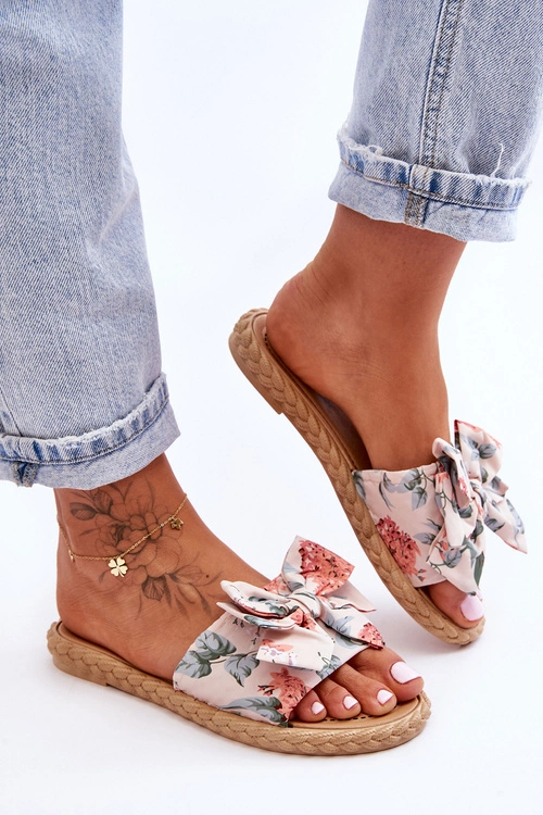 Damskie Klapki Z Materiałową Kokardą Beżowe Blossom