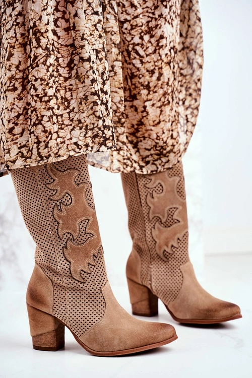 Damskie Botki Na Słupku Beżowe Skórzane Wysokie Rosemary