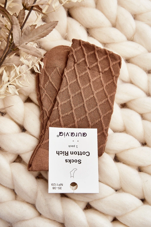 Skarpety Damskie Z Ozdobnym Tłoczeniem Jasnobrązowe