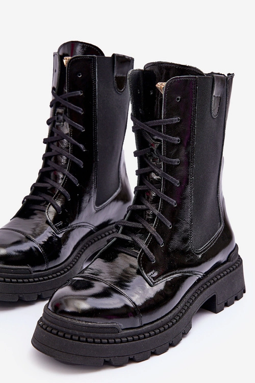 Skórzane Damskie Botki Workery Sznurowane Czarne Nicole 2836