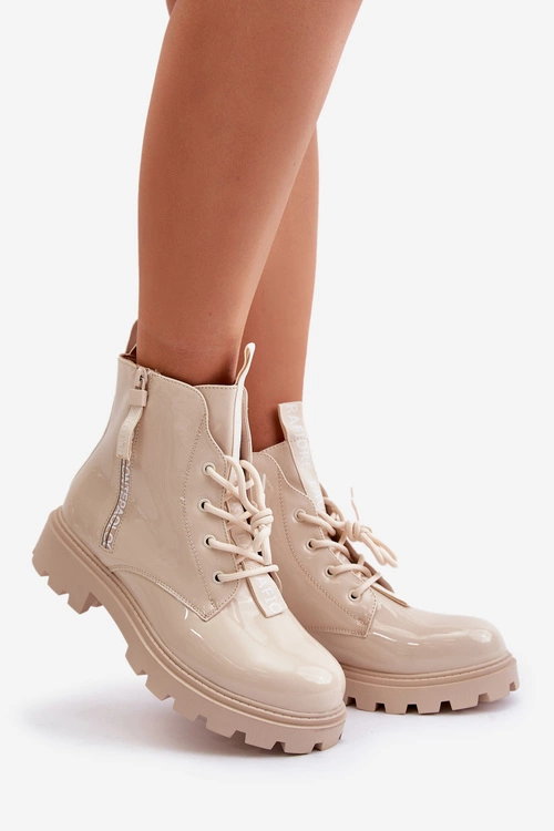 Lakierowane Botki Workery Damskie Ocieplane Z Napisami Beżowe Zinfreya