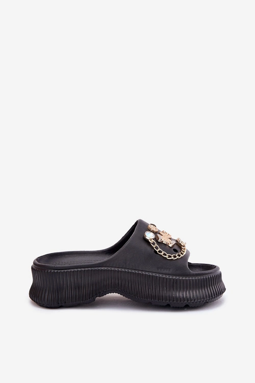 Piankowe Klapki Damskie Ze Złotymi Przypinkami Czarne Hortiana