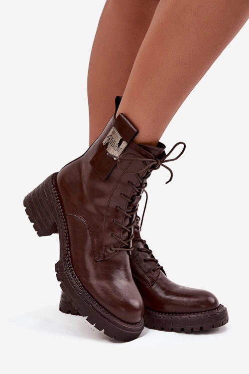 Skórzane Botki Workery Damskie Na Klocku Z Ozdobnym Detalem Artiker 57C0213 Brązowe