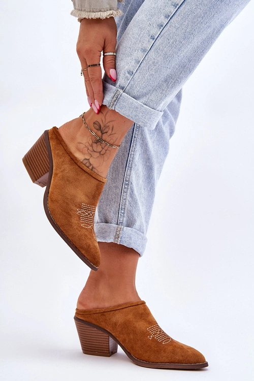 Damskie Zamszowe Klapki Kowbojki Camel Romina