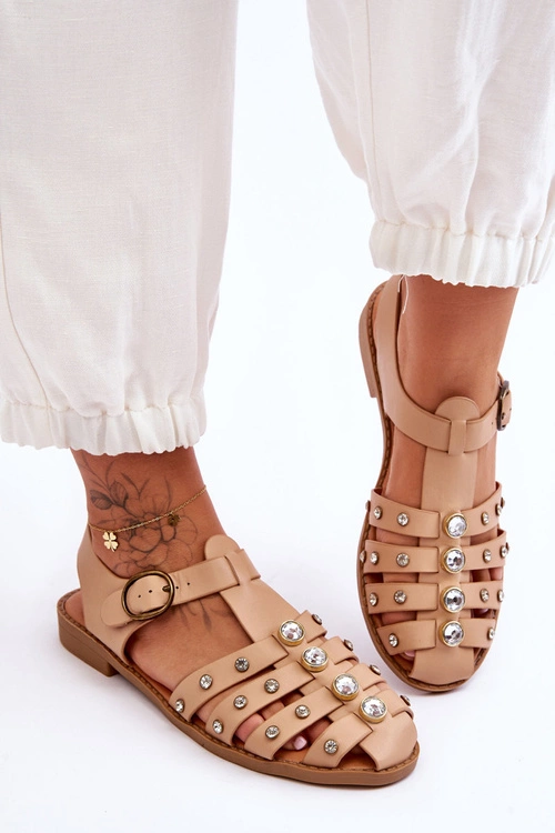 Damskie Płaskie Sandały Z Cyrkoniami Beżowe Ascot