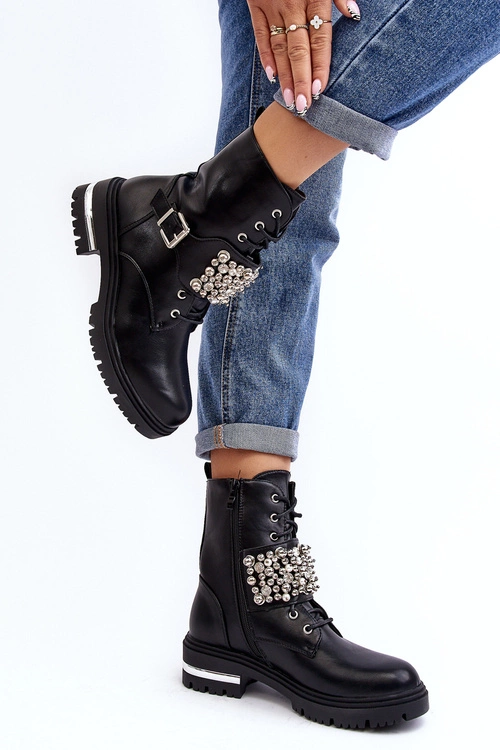 Damskie Ocieplane Botki Workery Zdobione Czarne Lennen