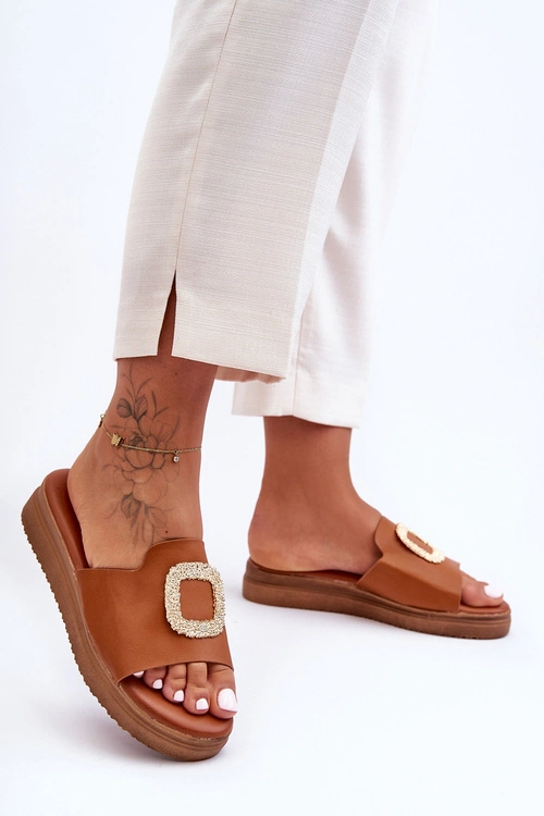 Damskie Klapki Na Platformie Z Ozdobą Brązowe Denicia