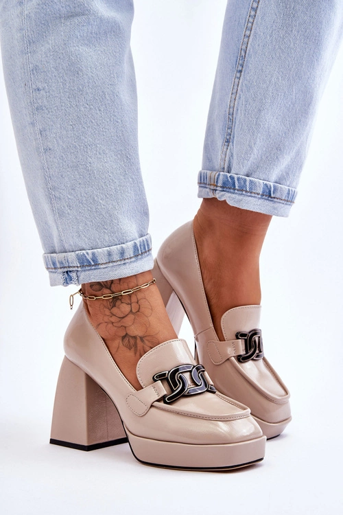 Skórzane Czółenka Na Masywnym Obcasie Beżowe Maximo