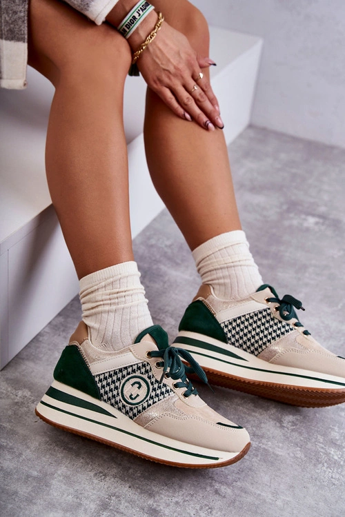 Modne Buty Sportowe Damskie Na Koturnie Beżowo-Zielone Aronne