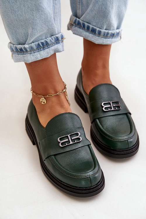 Zazoo 20174 Skórzane Eleganckie Półbuty Damskie Na Płaskim Obcasie Ciemnozielone