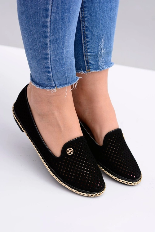 Lu Boo | Czarne Ażurowe Balerinki Lordsy Stylish