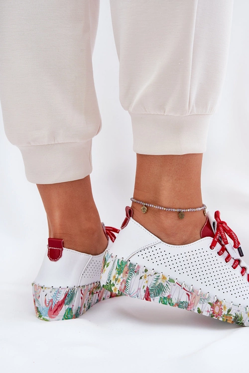 Skórzane Półbuty Na Wzorzystej Platformie Artiker 54C1567 Biało-Czerwone