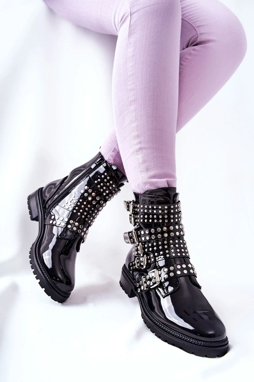 Botki Sztyblety Lakierowane Z Paskami Czarne Marchelli