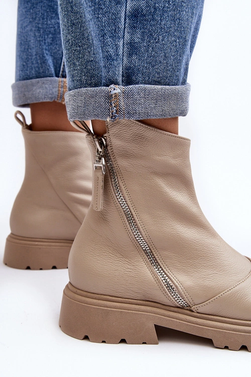 Damskie Skórzane Botki Na Płaskim Obcasie Laura Messi 2620/199 Jasnobeżowe