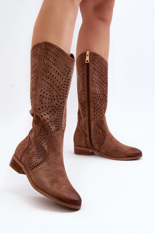 Ażurowe Kozaki Do Połowy Łydki Brązowe Kleorelia