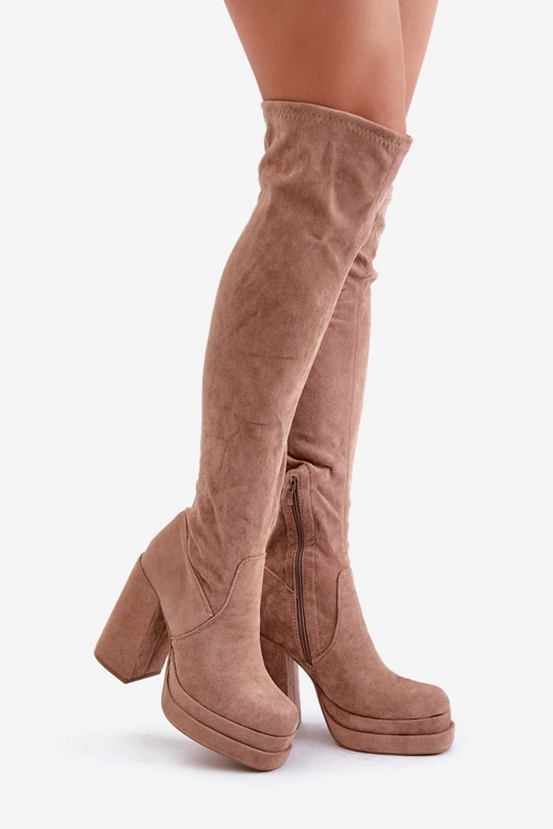 Kozaki Z Cholewką Za Kolano Na Słupku I Platformie Beżowe Nadelian