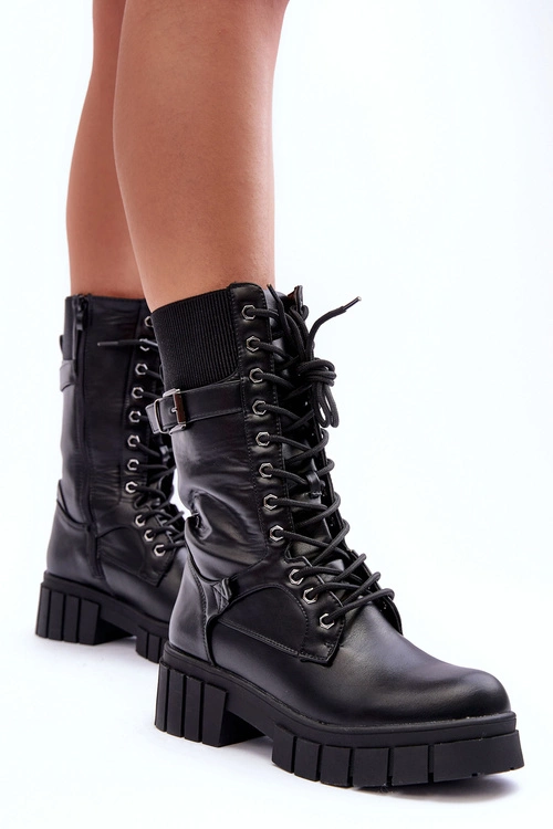 Skórzane Damskie Wysokie Botki Workery Czarne Madit