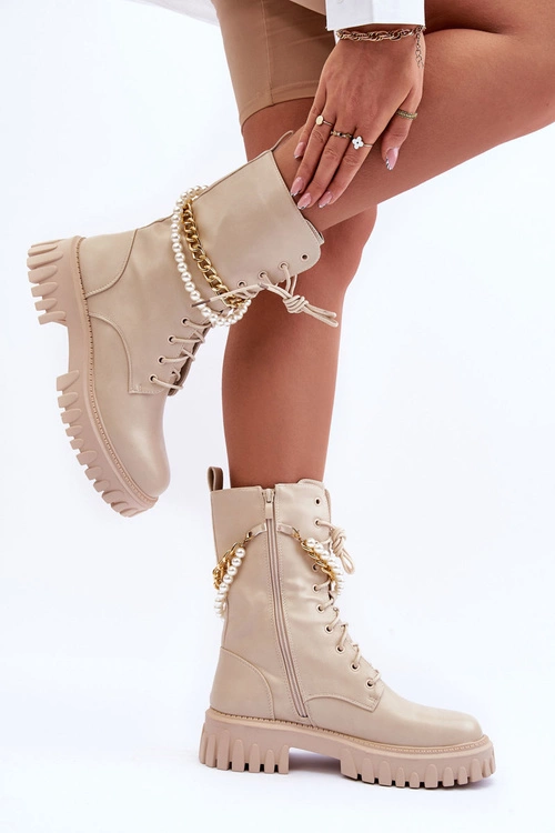 Skórzane Wysokie Workery Z Łańcuszkiem Beżowe Nameer