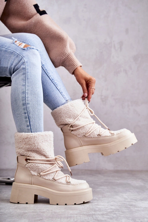 Damskie Botki Śniegowce Z Kożuszkiem Beżowe Sanna